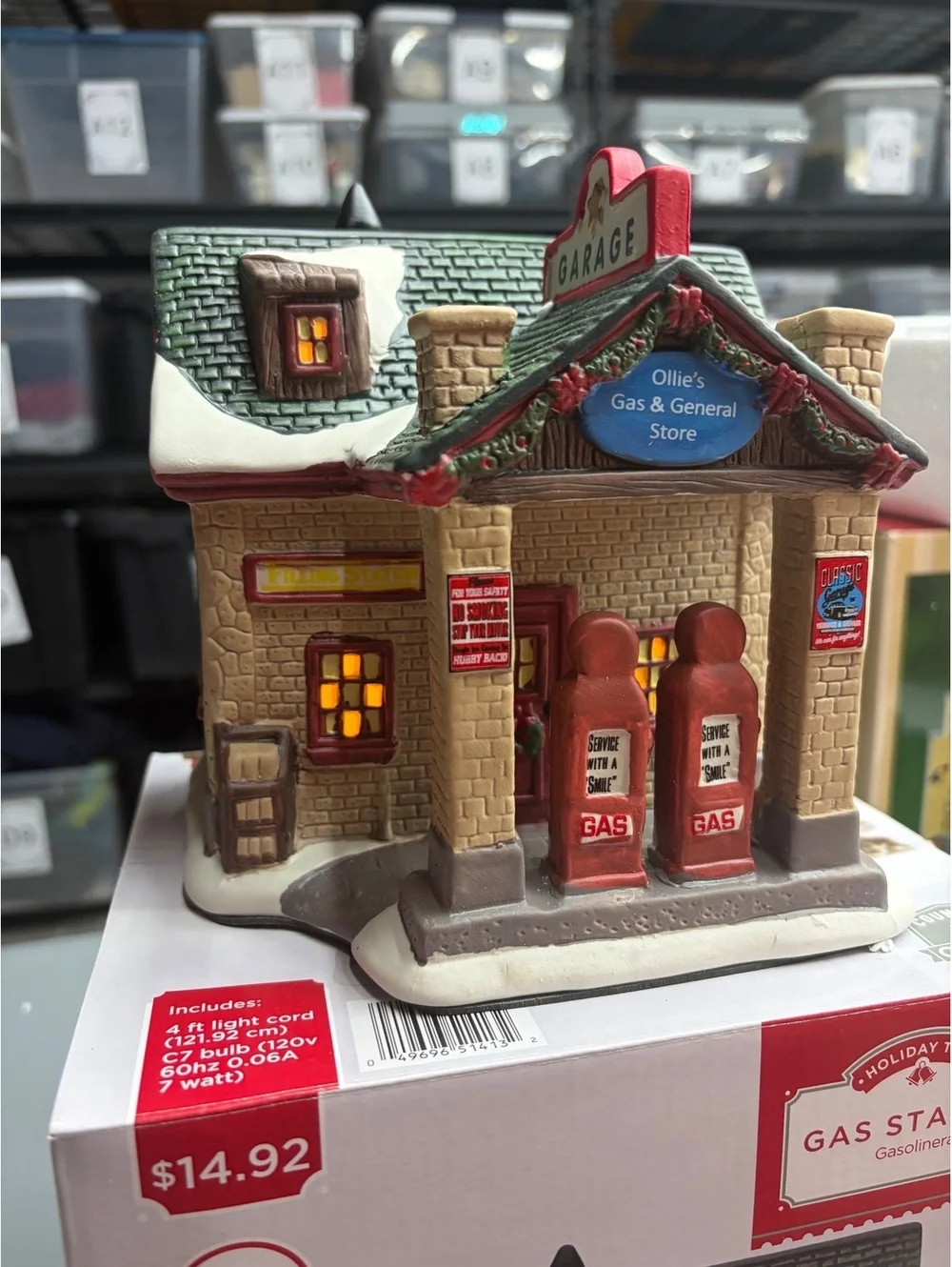 Holiday Time Country Charm Lighted Gas Station Christmas Village House Boxed